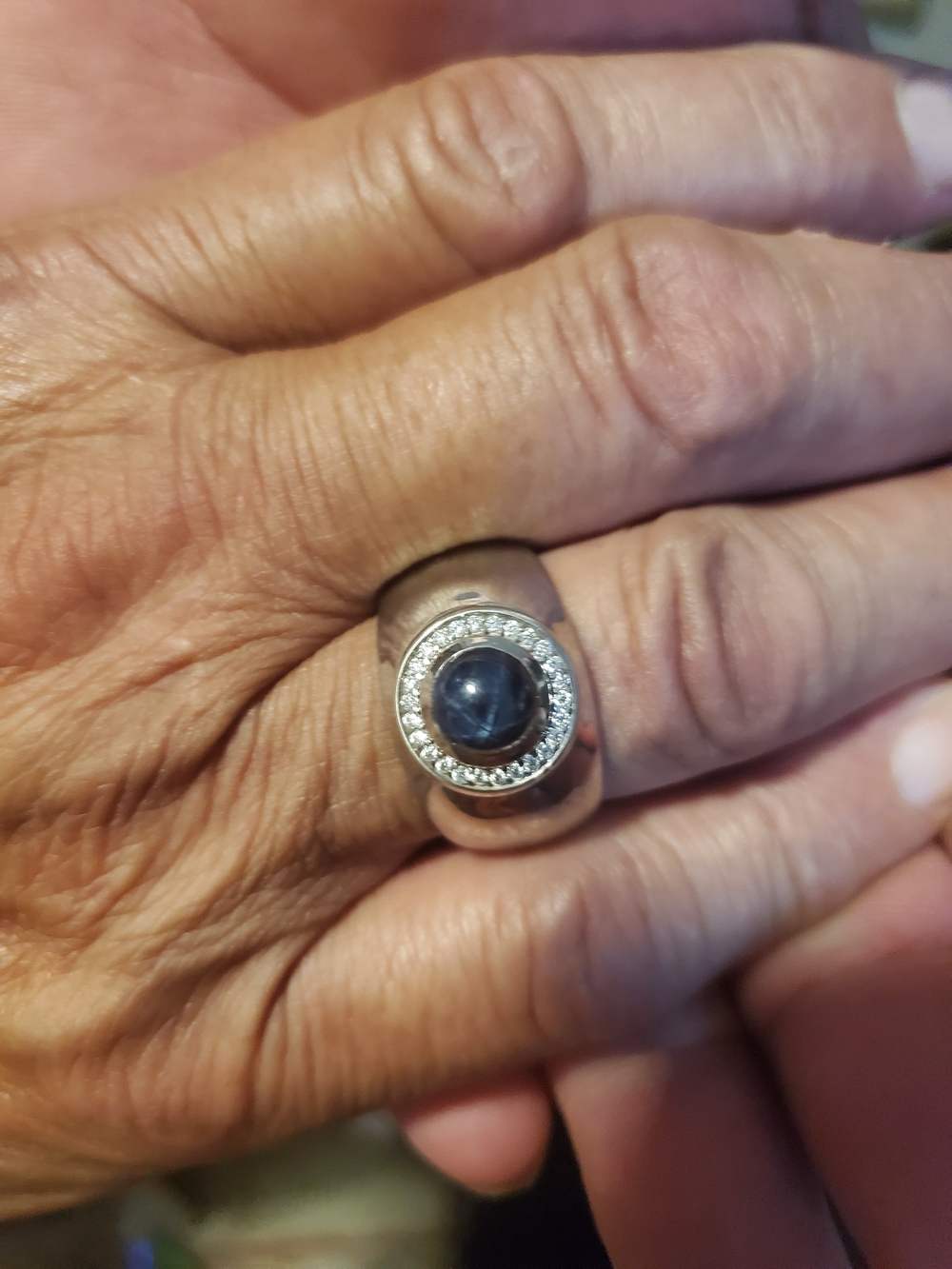 Platinum over Silver Men's Star Saphire Ring with Moissanite Halo